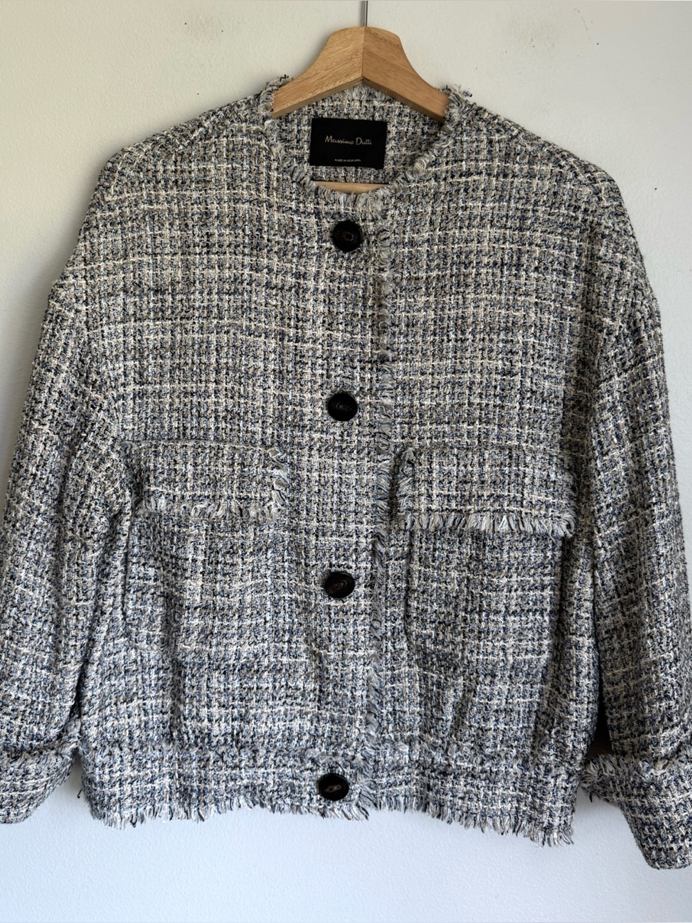 Massimo Dutti Tweed Jacket in Black, Cream and Light Blue - Picture 2 of 7